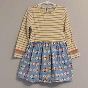 Mini Boden Girls Striped Long Sleeve Dress With Bee & Daisy Print Skirt 5–6Y